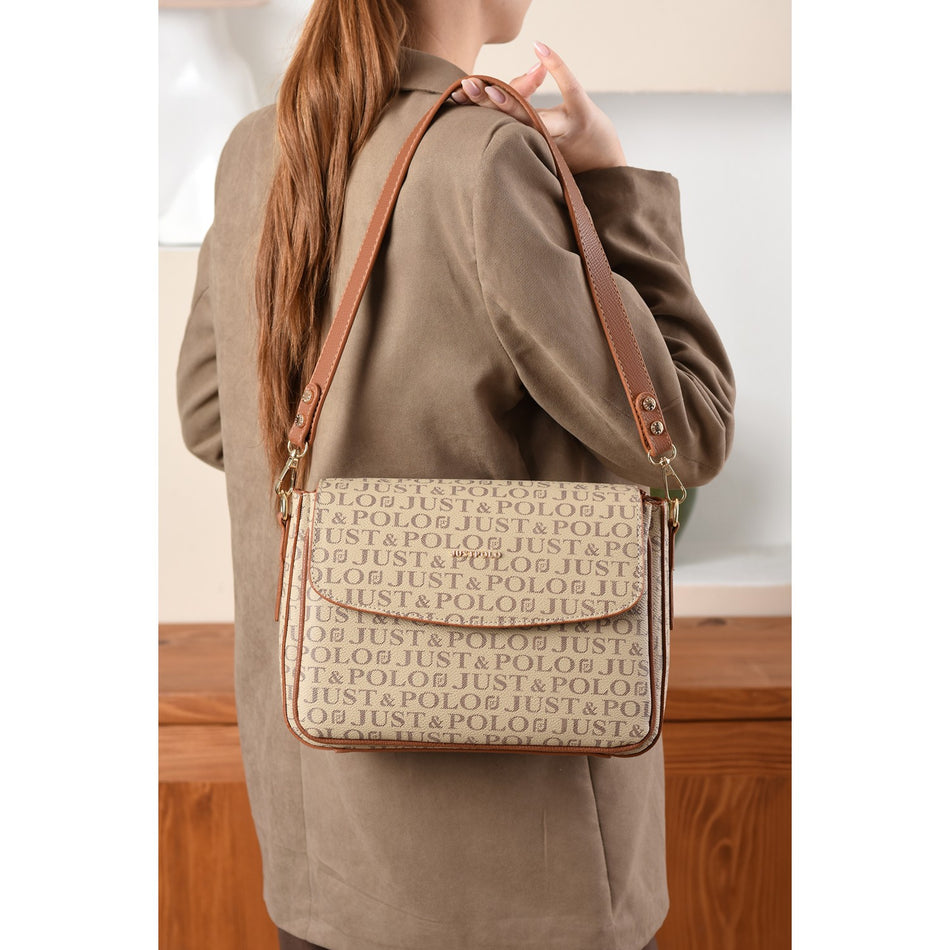 Just Polo Monogram Print Women's Hand and Shoulder Bag Sand Tan Color - MALLTURK