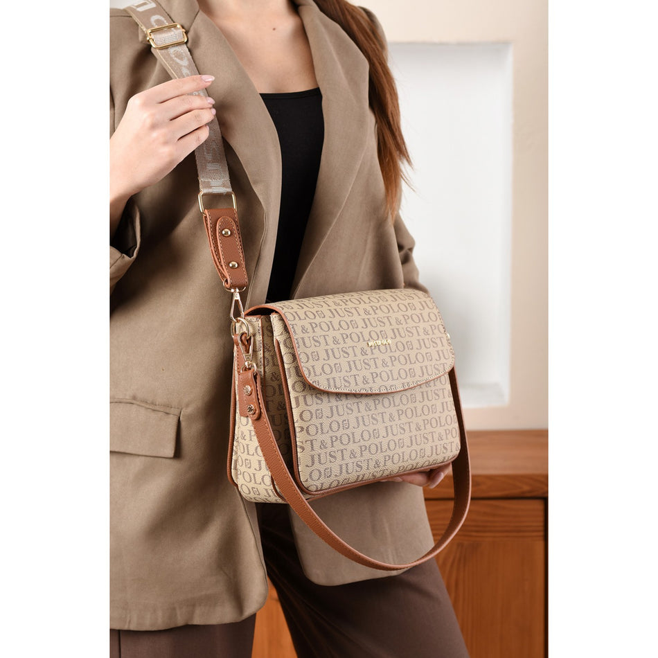 Just Polo Monogram Print Women's Hand and Shoulder Bag Sand Tan Color - MALLTURK