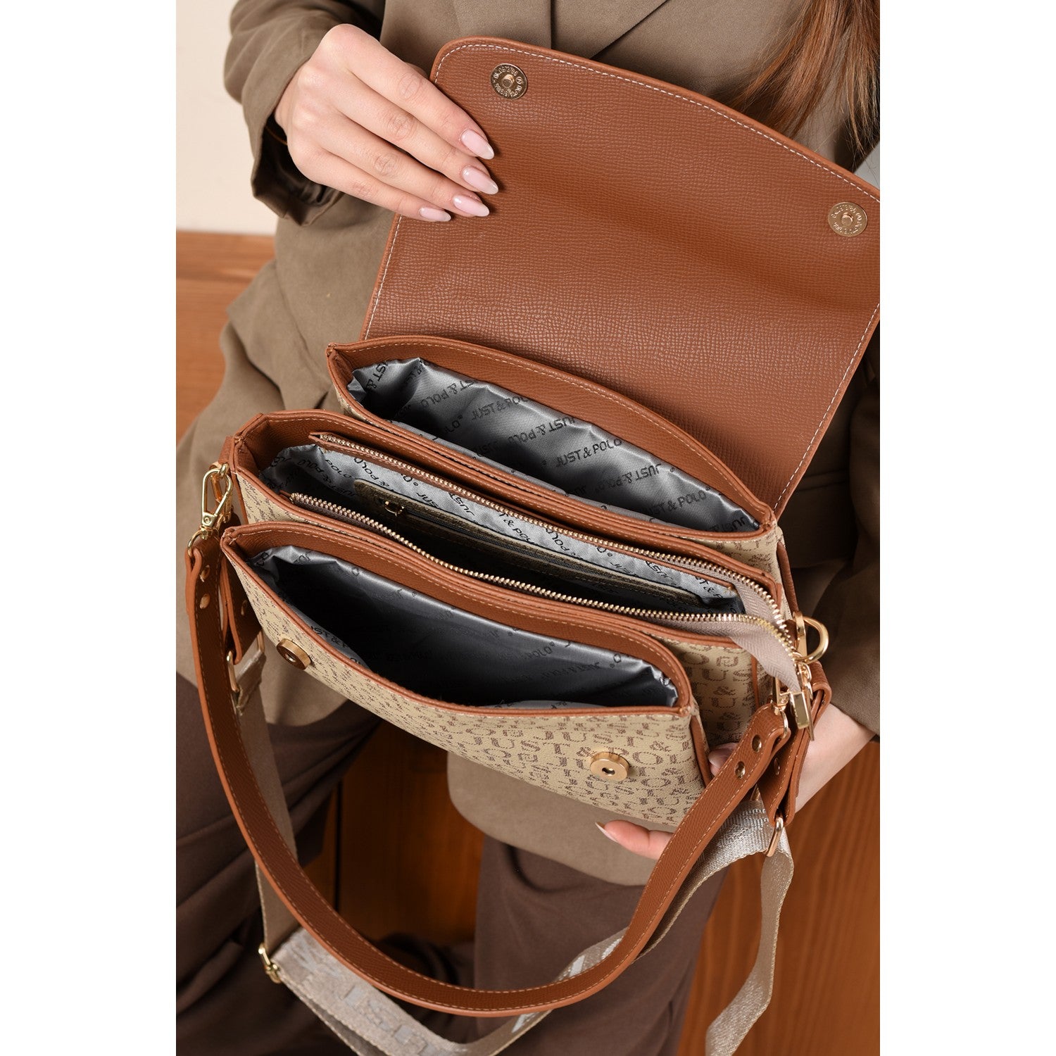 Just Polo Monogram Print Women's Hand and Shoulder Bag Sand Tan Color - MALLTURK