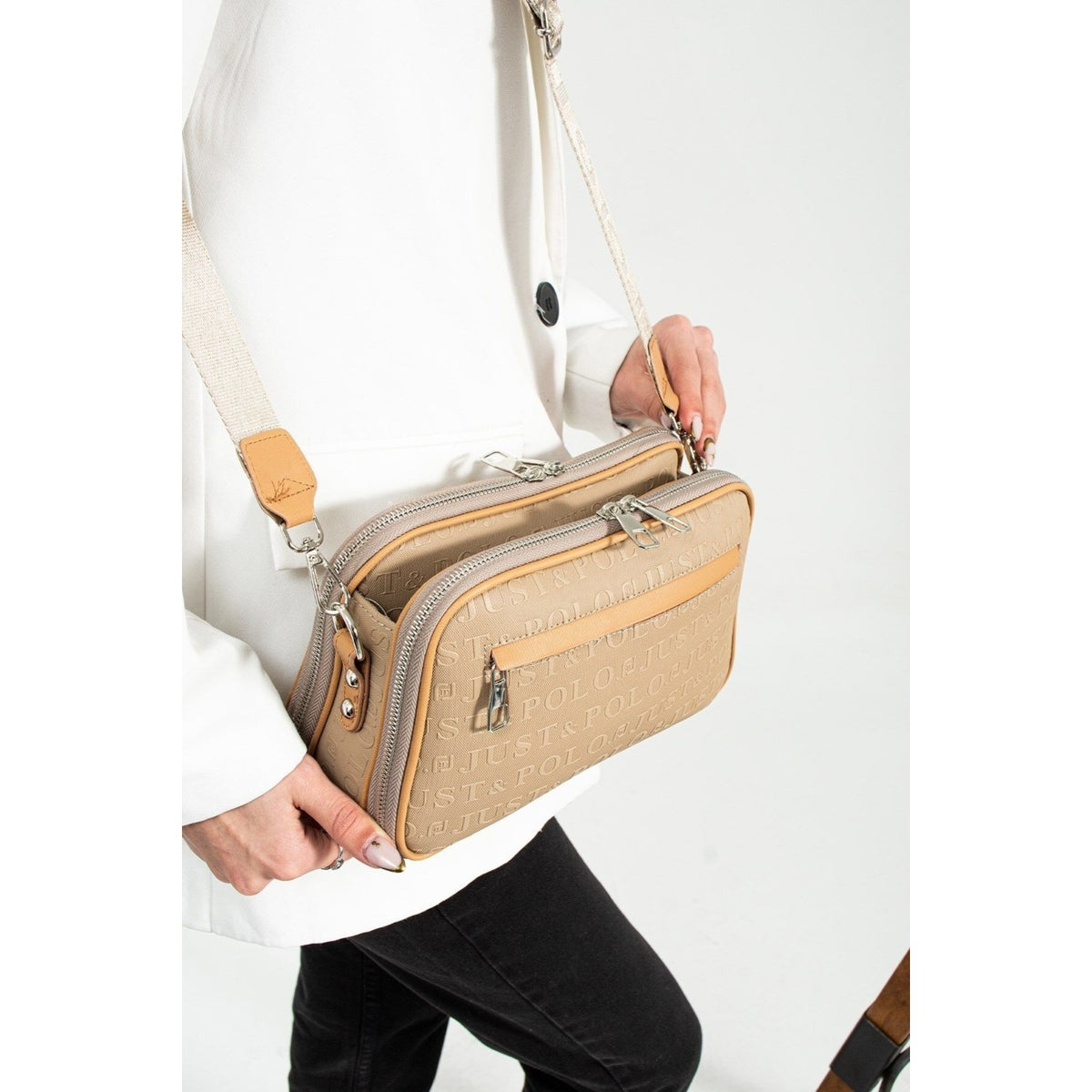 Just Polo Women's 3D Just & Polo Patterned Vegan Shoulder and Handbag 4023 Sand - MALLTURK