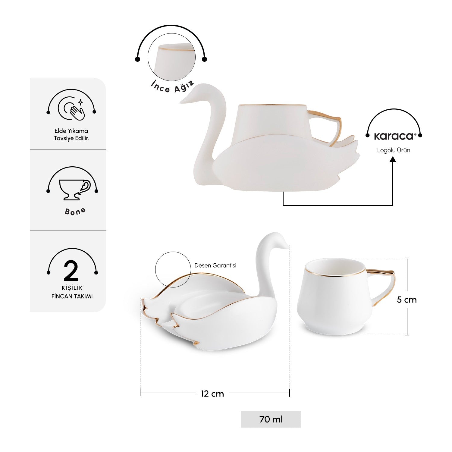 Karaca Swan Porcelain Turkish Coffee Cup Set for 2, 70 ml