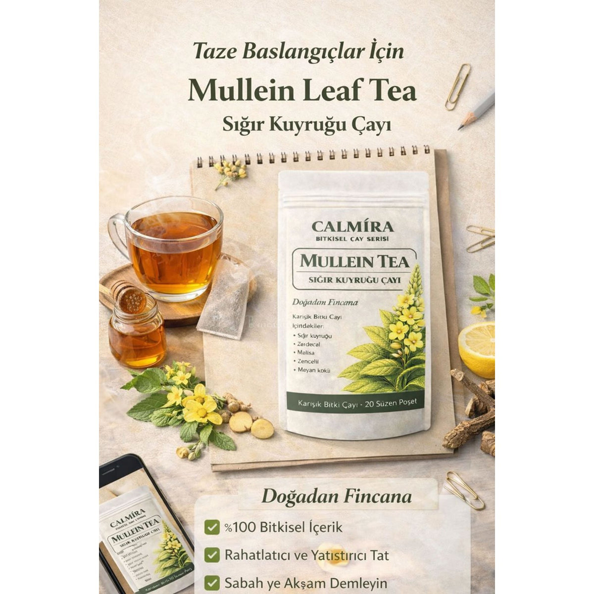 Calmira Mullein Tea 20 filter tea bags / mullein tea / herbal blend tea / Mulletin Leaf Tea - MALLTURK