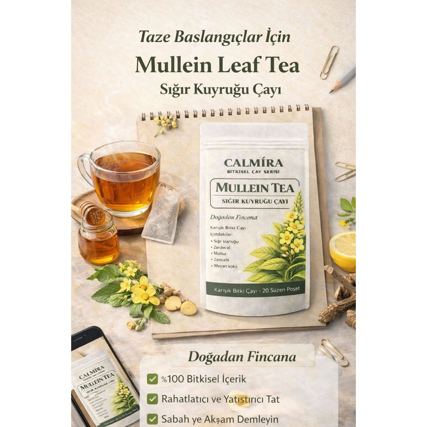 Calmira Mullein Tea 20 filter tea bags / mullein tea / herbal blend tea / Mulletin Leaf Tea - MALLTURK