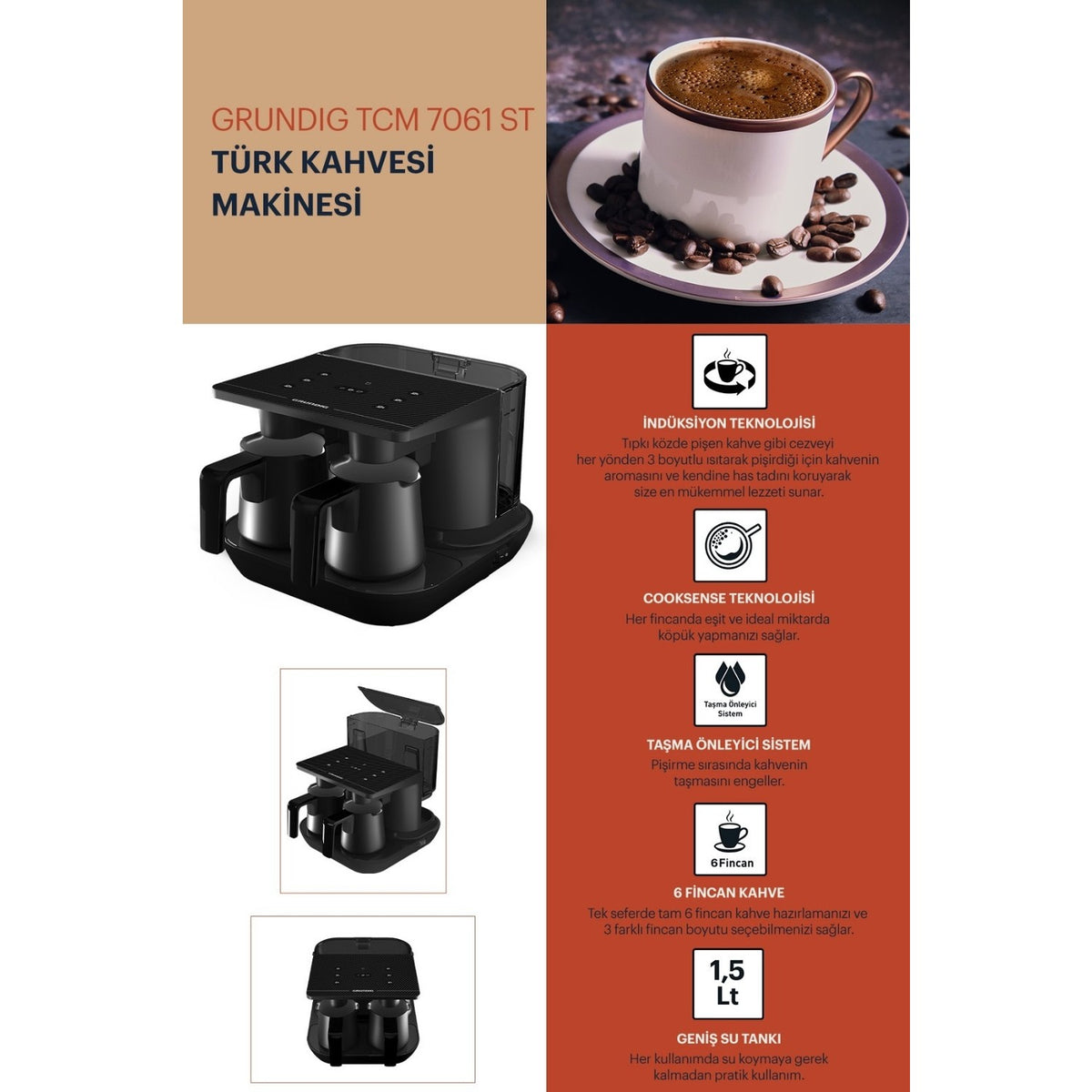 Grundig TCM 7061 ST Turkish Coffee Maker, Black, 6-Cup Capacity - MALLTURK