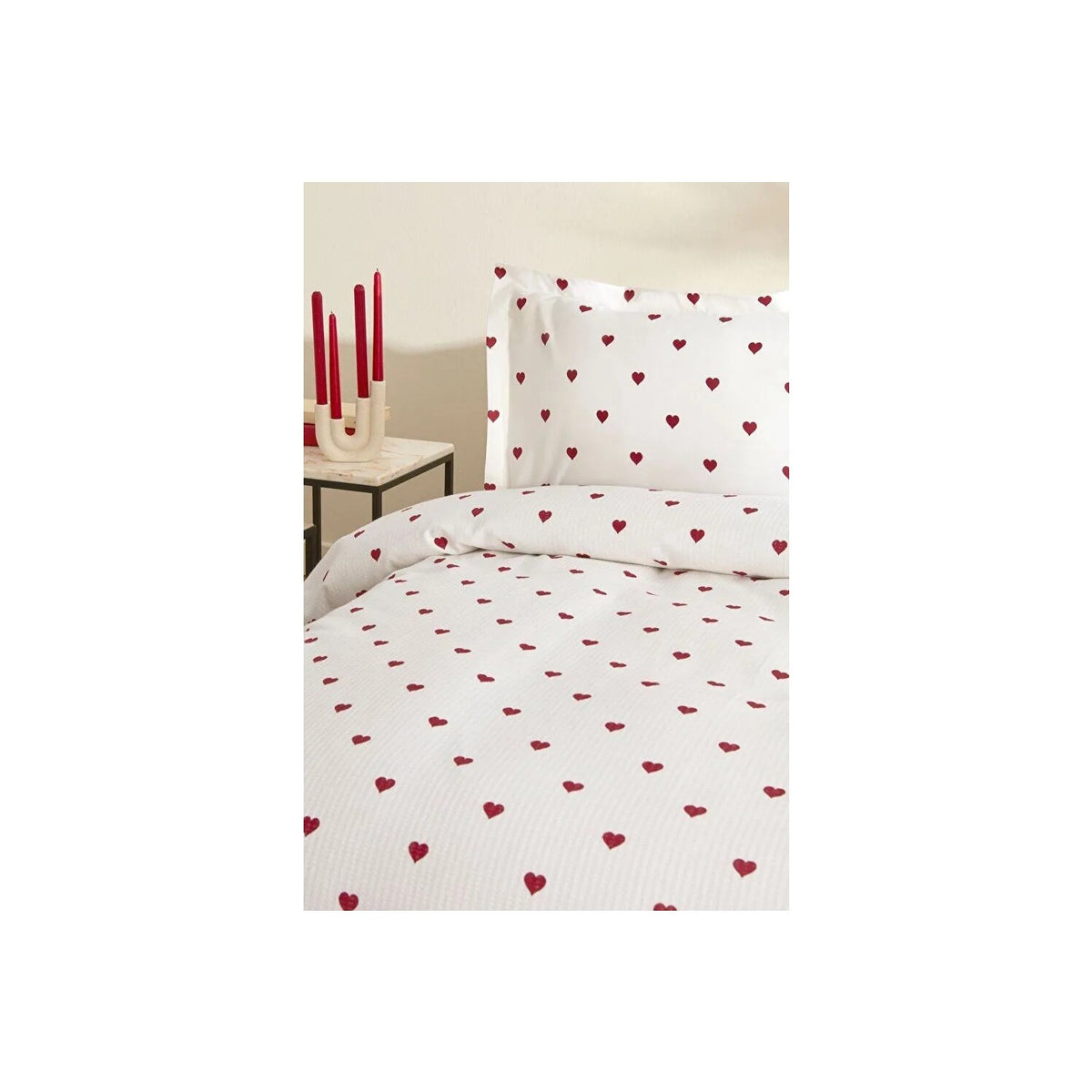 Karaca Home Amour Heart Pattern 100% Cotton Double Bed Quilted Bedding Set Red - MALLTURK