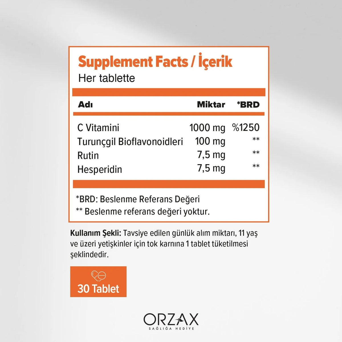 Orzax Ocean Vitamin C 1000 mg Bioflavonoidler 30 Tablet - MALLTURK