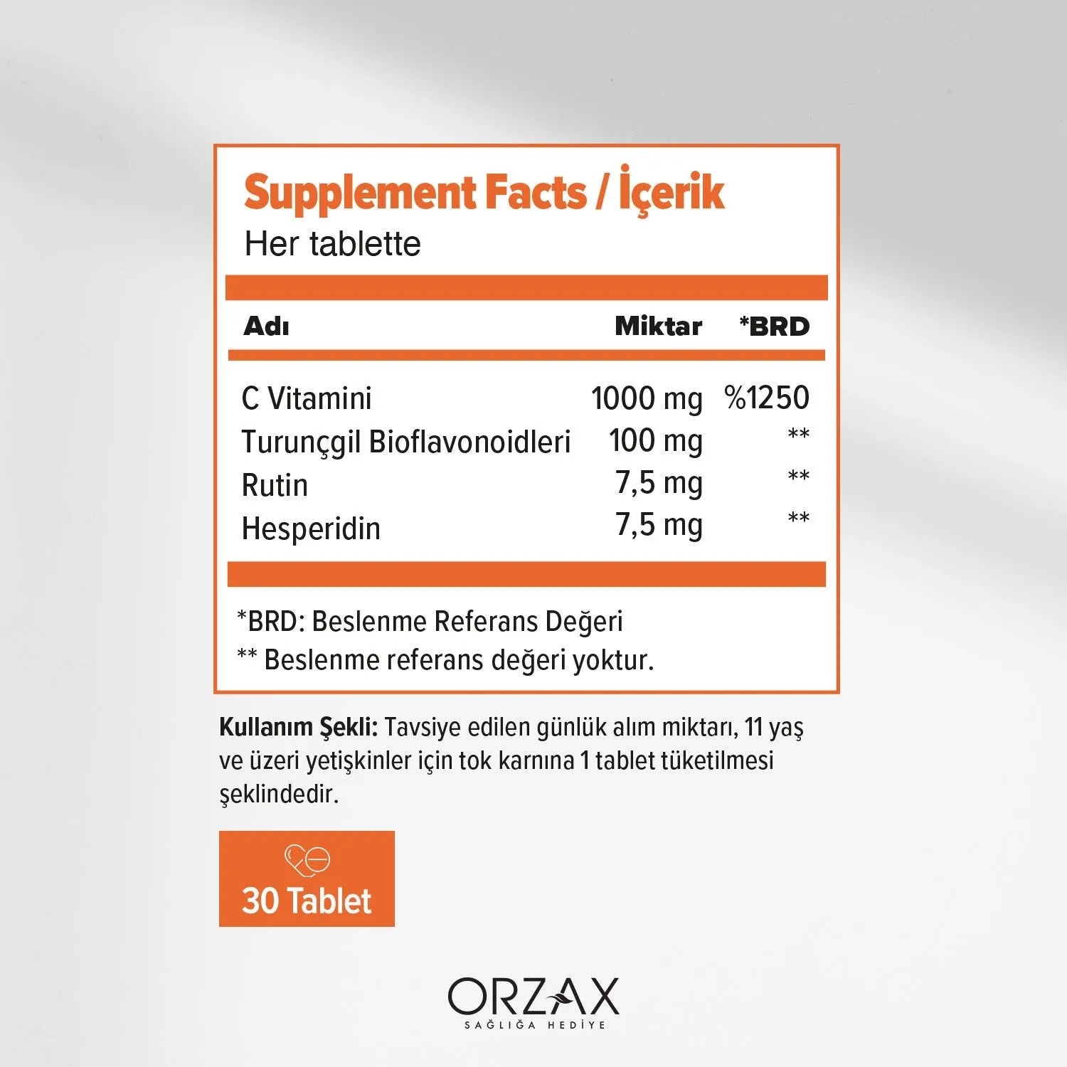Orzax Ocean Vitamin C 1000 mg Bioflavonoidler 30 Tablet - MALLTURK