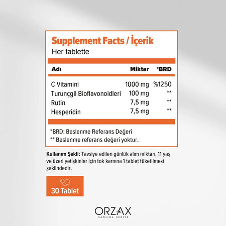 Orzax Ocean Vitamin C 1000 mg Bioflavonoidler 30 Tablet - MALLTURK