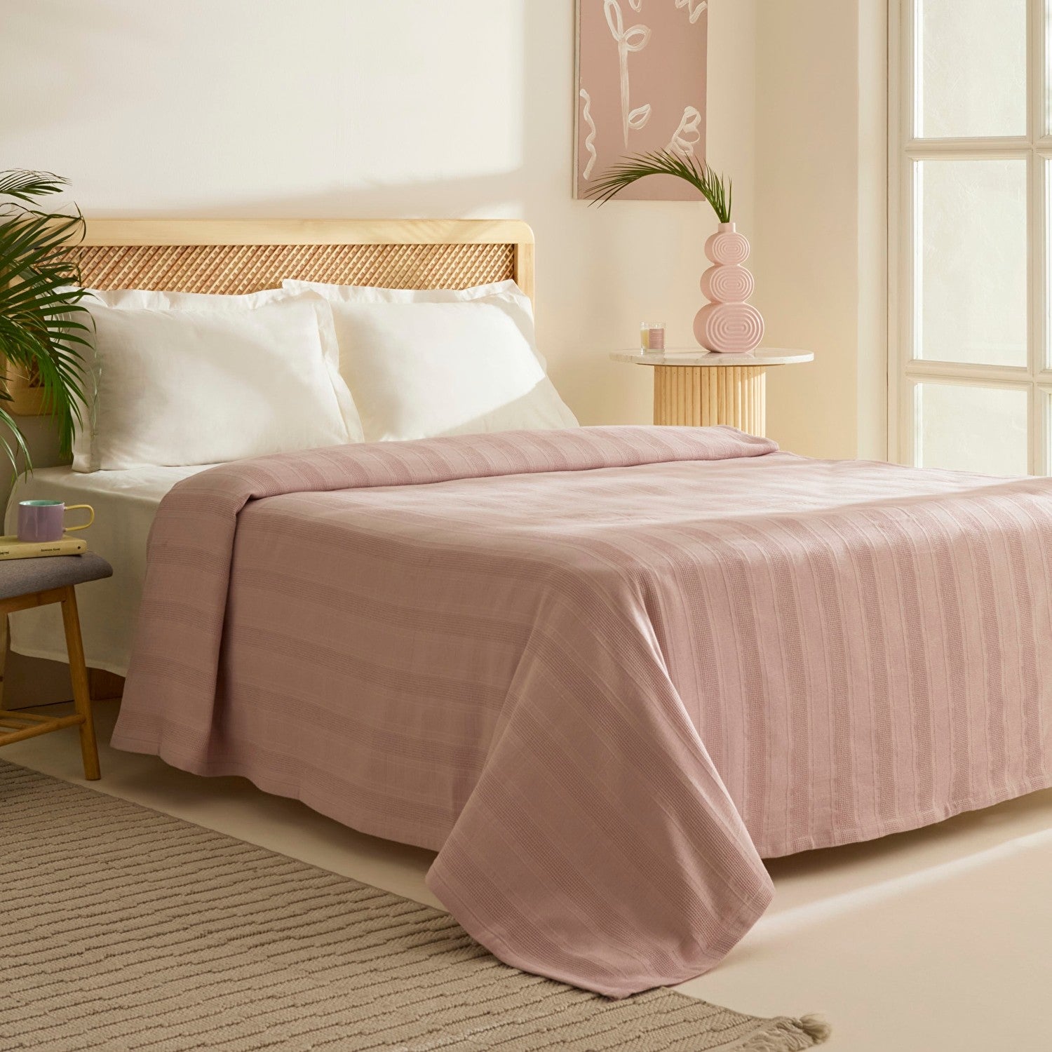 Karaca Home Verona 100% Cotton Double Piqué Blanket, Powder Pink - MALLTURK