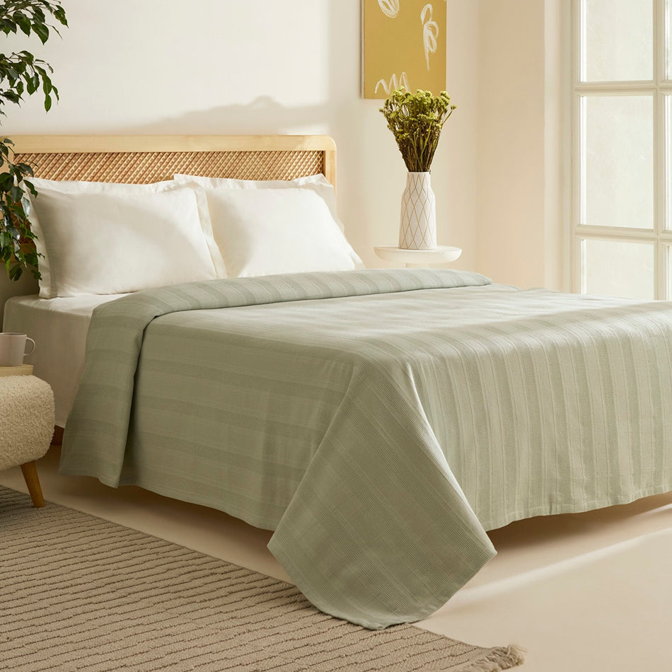 Karaca Home Verona 100% Cotton Double Piqué Bedspread, Sage - MALLTURK
