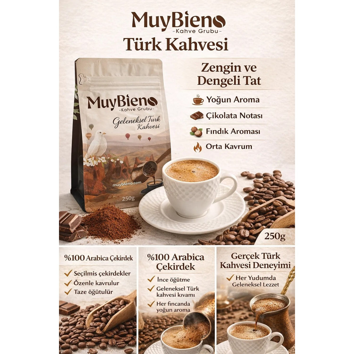 MuyBieno Coffee - MuyBieno Turkish Coffee with Plenty of Foam, 100% Arabica, intensely Flavored Traditional Turkish Coffee, 250g - MALLTURK