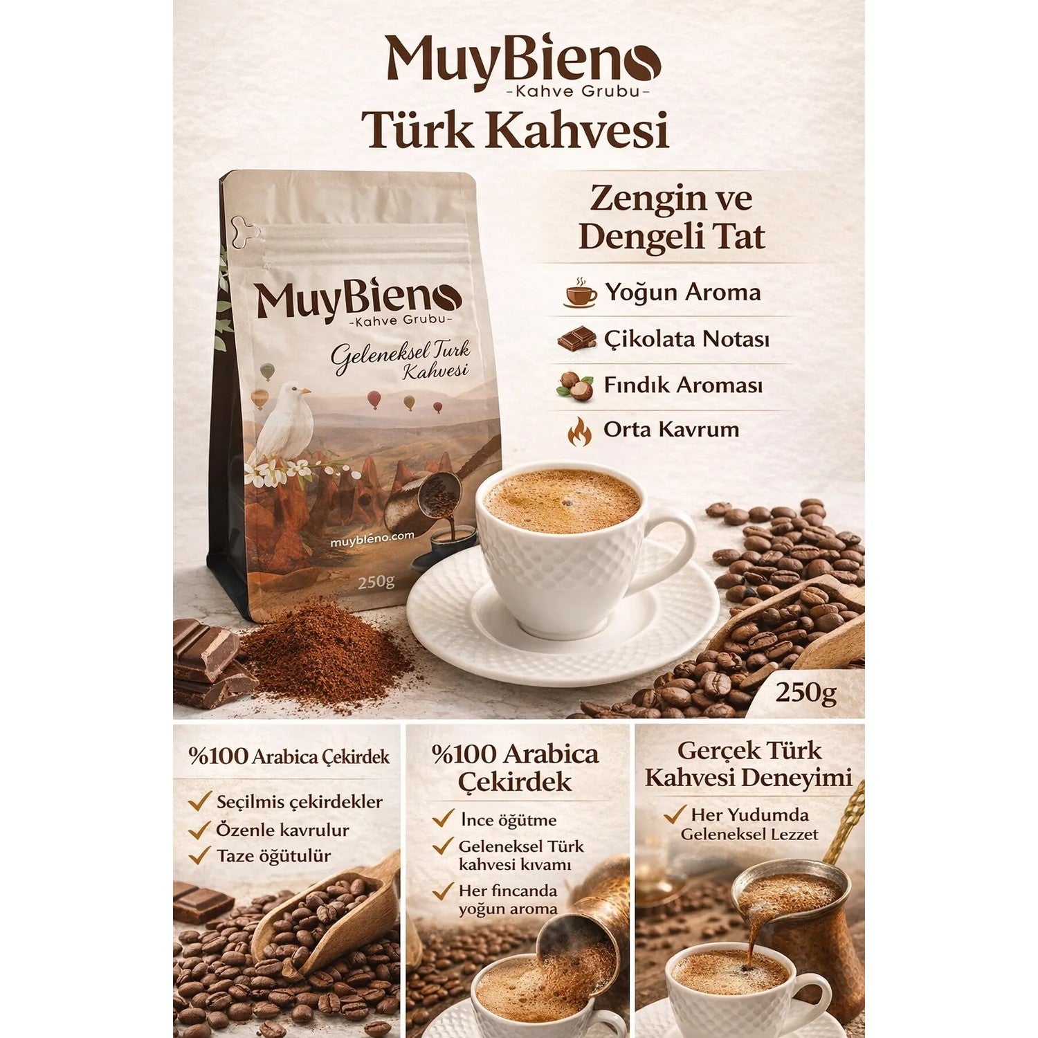 MuyBieno Coffee - MuyBieno Turkish Coffee with Plenty of Foam, 100% Arabica, intensely Flavored Traditional Turkish Coffee, 250g - MALLTURK