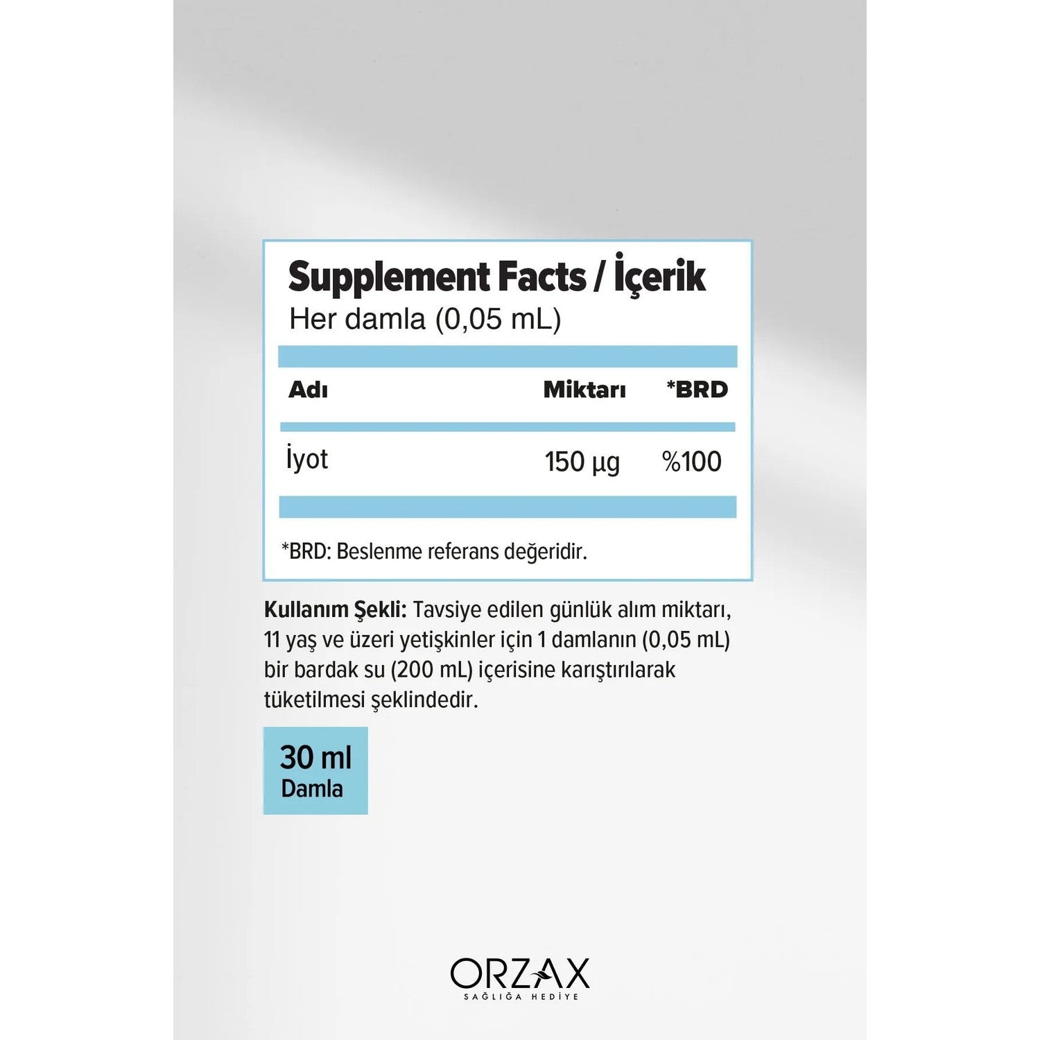 Orzax Ocean Iodine 150 mg Iyot Dietary Supplement 30 ml Turkey Origin Drops Formda - MALLTURK