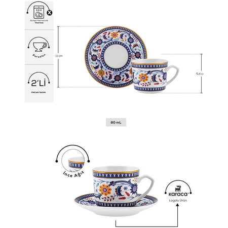 Karaca Ihlamur Colorful New Bone Turkish Coffee Cup Set for 2, 80 ml - MALLTURK