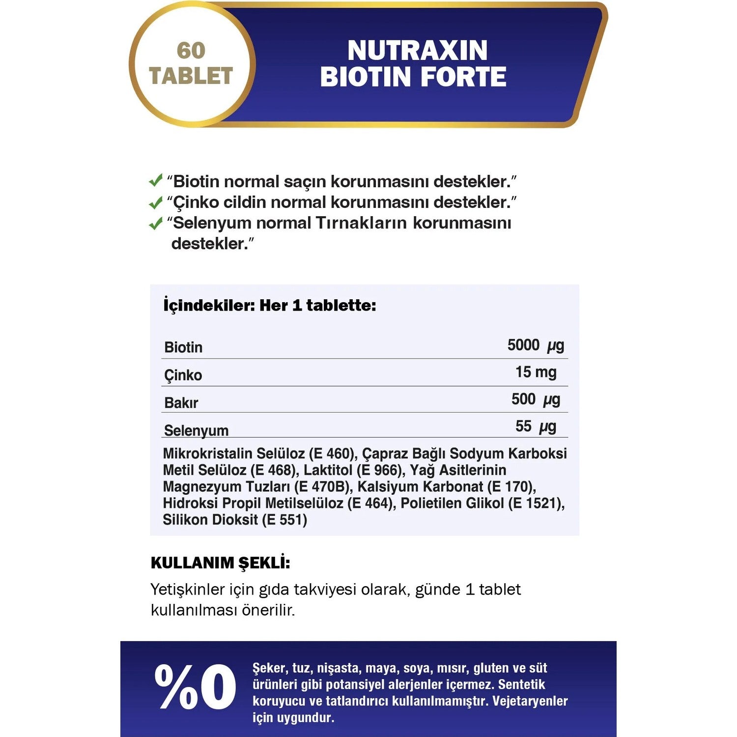 Nutraxin Biotin Forte 60 Tablet Dietary Supplement Biotin, Zinc, Selenyum and Bakir Icerir - MALLTURK