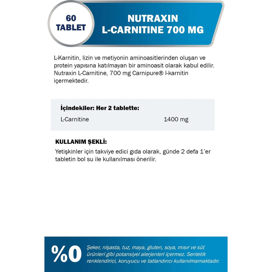 Nutraxin L-Carnitine 60 Tablet Yuksek Dozda Vegan Dostu Icerik Turkey Origin - MALLTURK