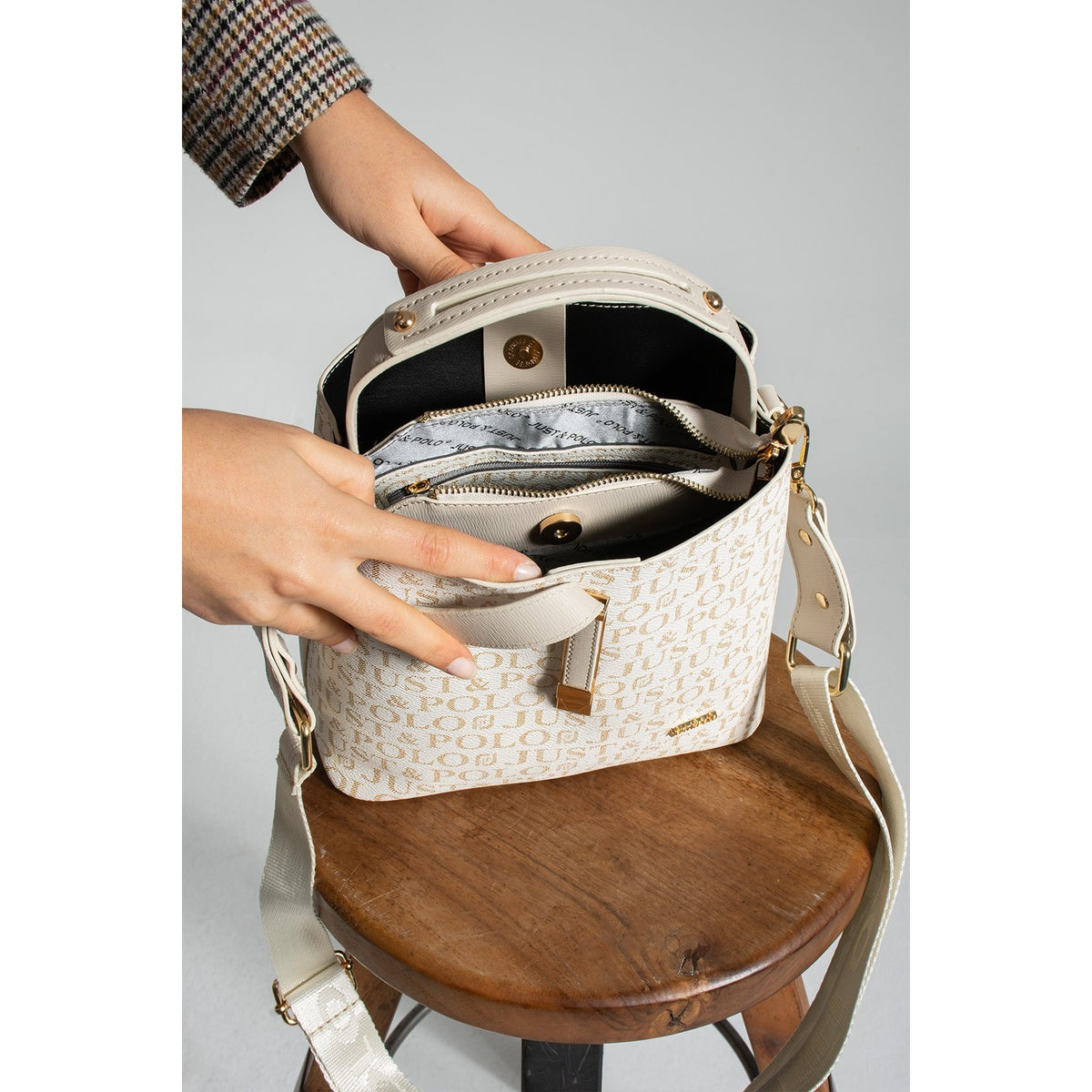 Just Polo Women's Hand and Shoulder Bag 2055A Faux Leather Cream Color Stylish Design and Easy to Use - MALLTURK
