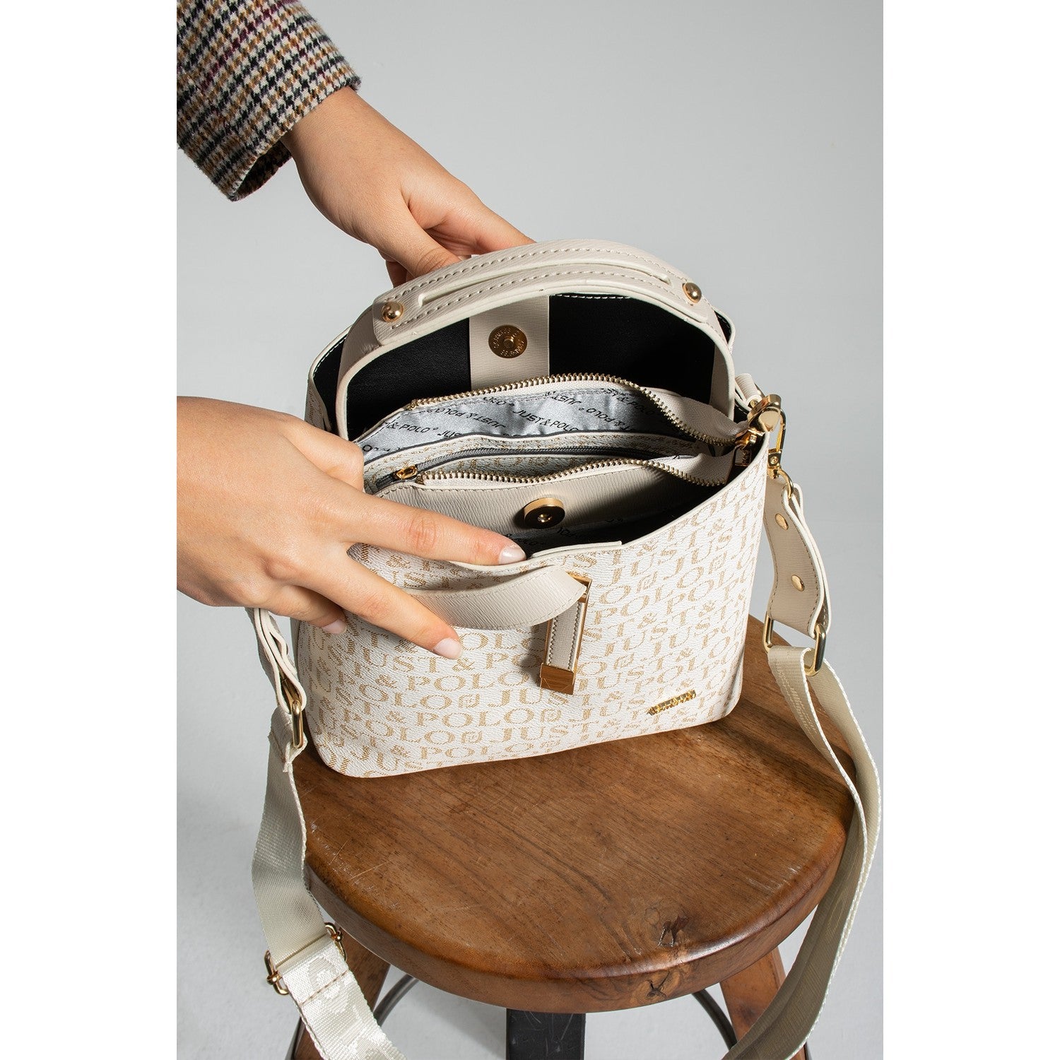 Just Polo Women's Hand and Shoulder Bag 2055A Faux Leather Cream Color Stylish Design and Easy to Use - MALLTURK