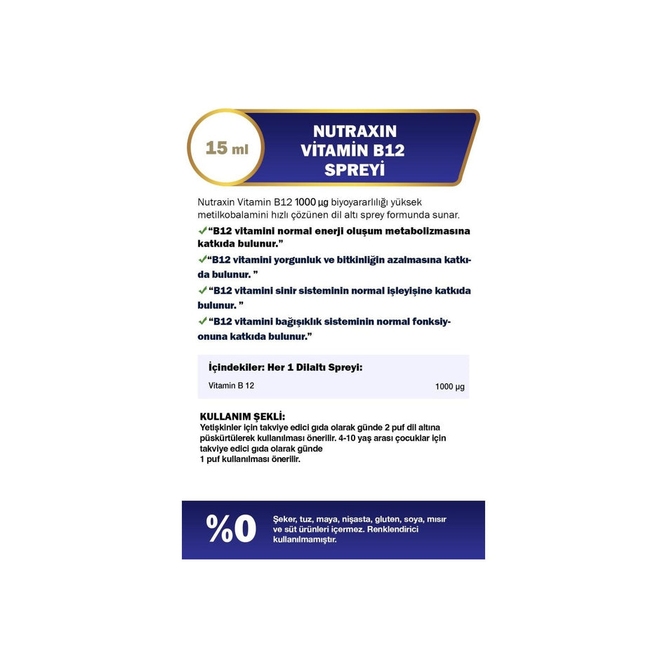 Nutraxin 15 ml Vitamin B12 Spray Unisex Kullanima Uygun Methylcobalamin Icerir - MALLTURK