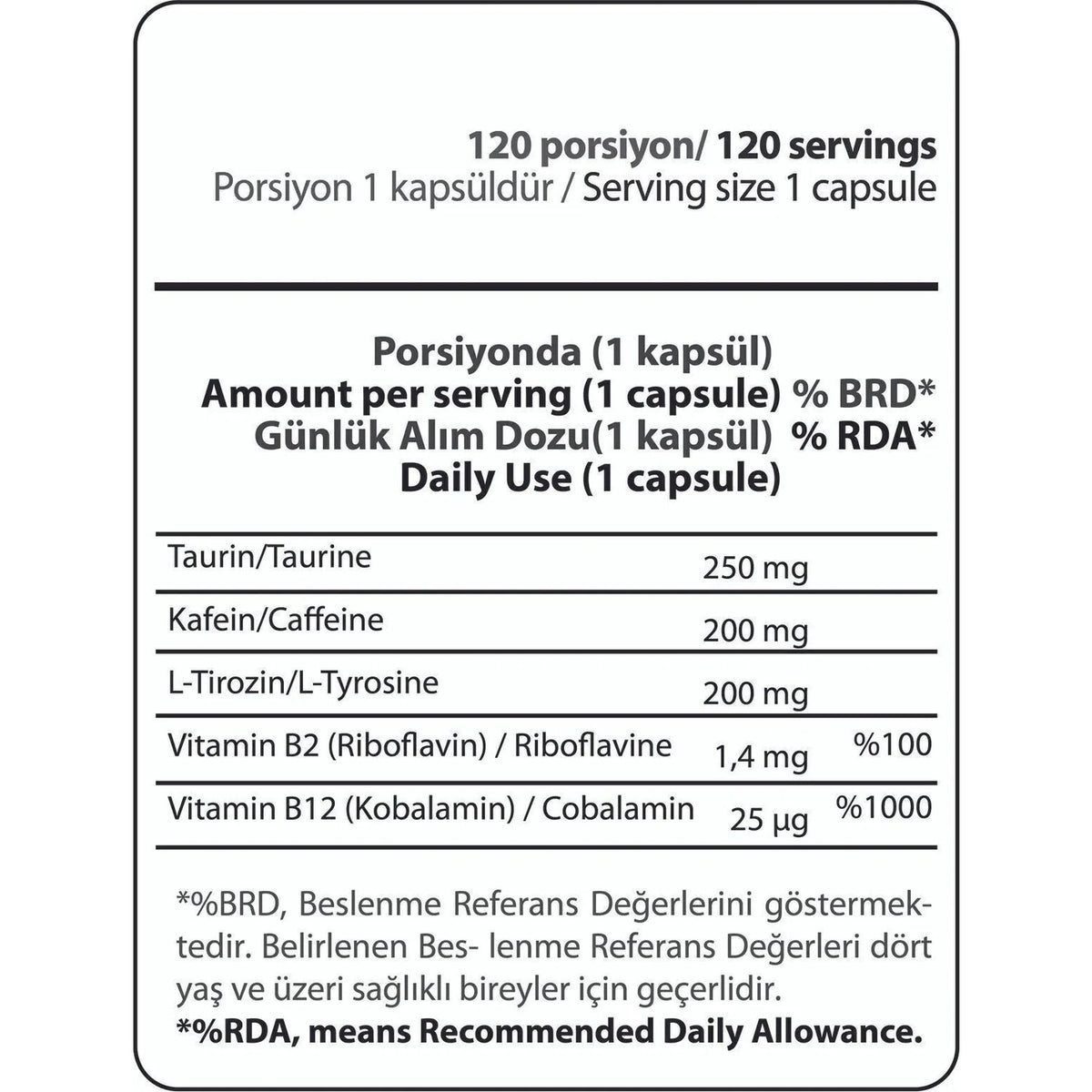 Hardline Nutrition Caffeine 2t 120 Capsules is a food supplement containing taurine, originating from Türkiye. - MALLTURK