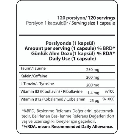 Hardline Nutrition Caffeine 2t 120 Capsules is a food supplement containing taurine, originating from Türkiye. - MALLTURK