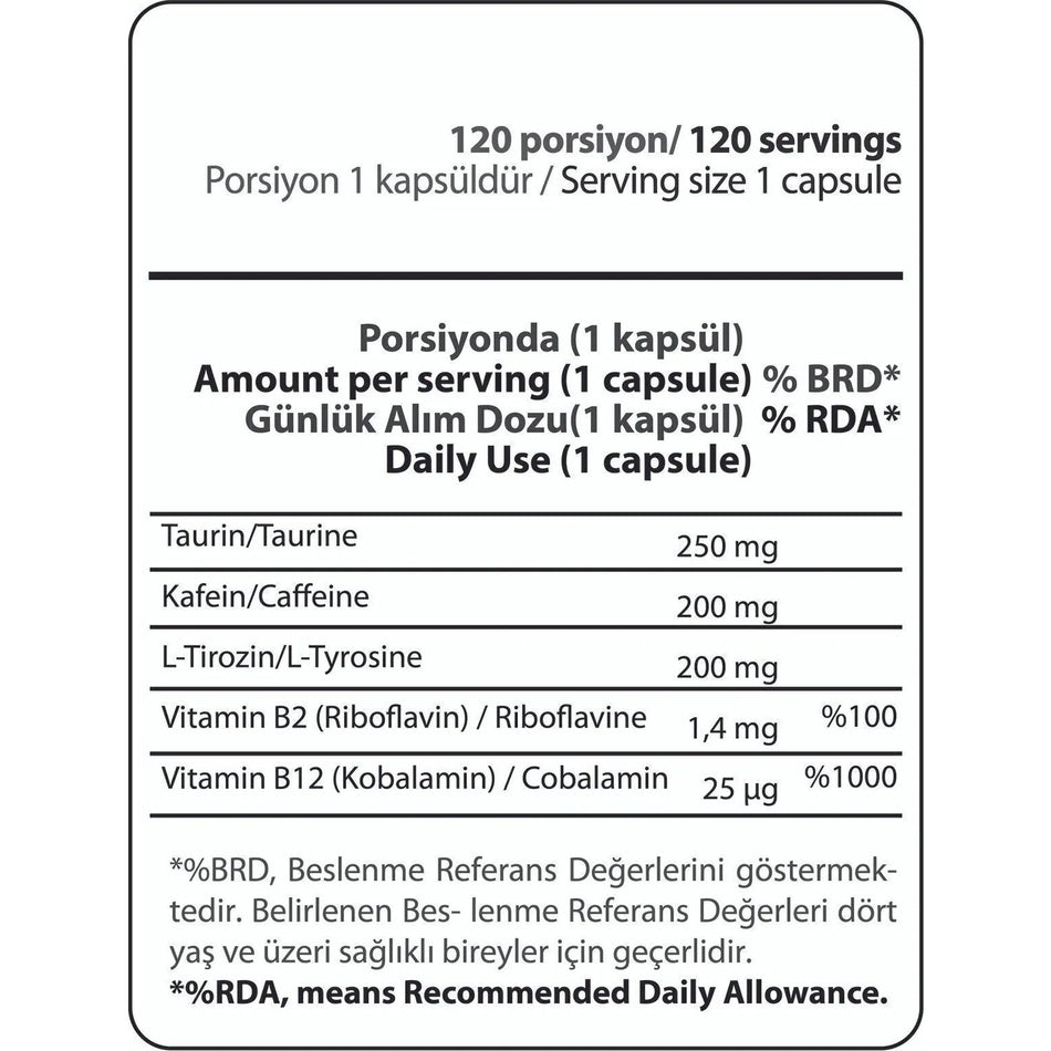 Hardline Nutrition Caffeine 2t 120 Capsules is a food supplement containing taurine, originating from Türkiye. - MALLTURK