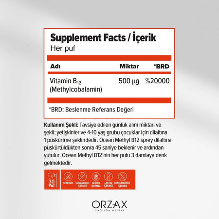 Orzax Ocean Methyl B12 1000 Mcg Spray 10 ml - MALLTURK