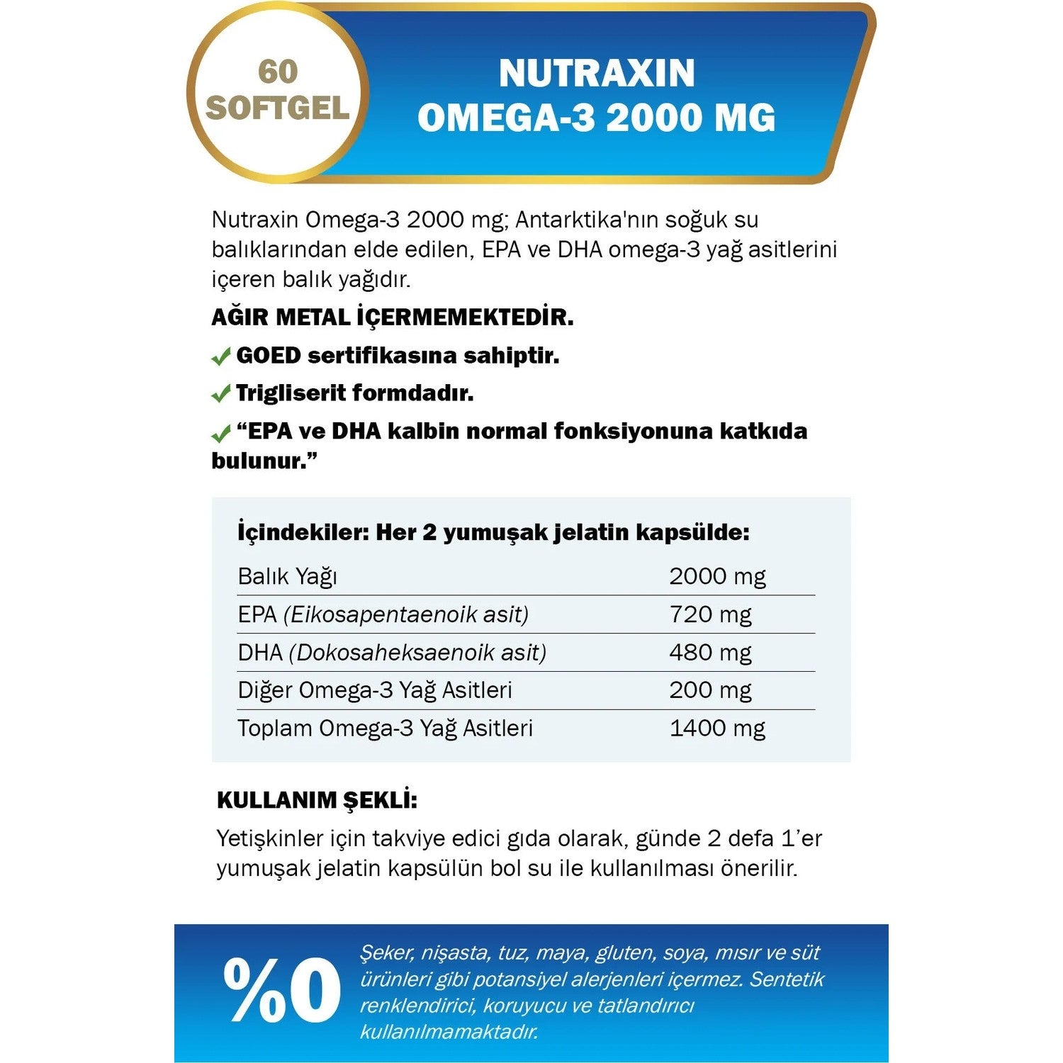 Nutraxin Omega 3 2000 Mg 60 Softgel - Fish Oil, EPA 720, DHA 480 Mg - MALLTURK