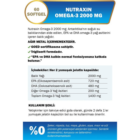 Nutraxin Omega 3 2000 Mg 60 Softgel - Fish Oil, EPA 720, DHA 480 Mg - MALLTURK