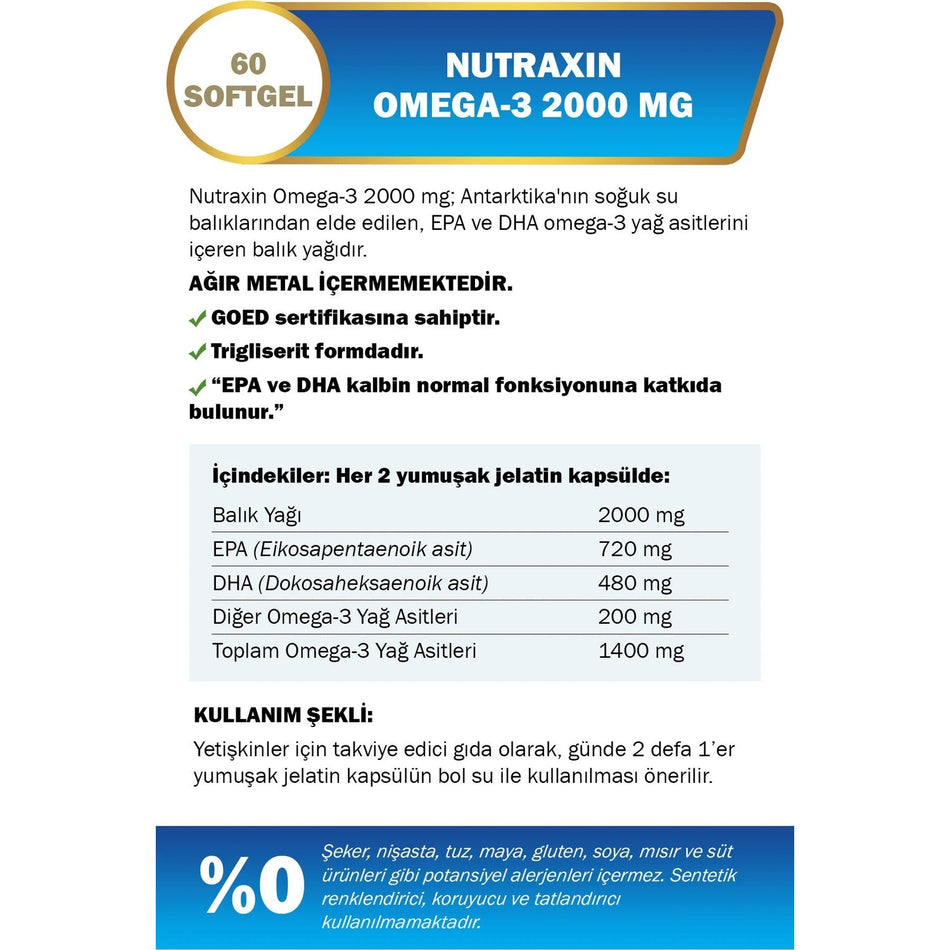 Nutraxin Omega 3 2000 Mg 60 Softgel - Fish Oil, EPA 720, DHA 480 Mg - MALLTURK