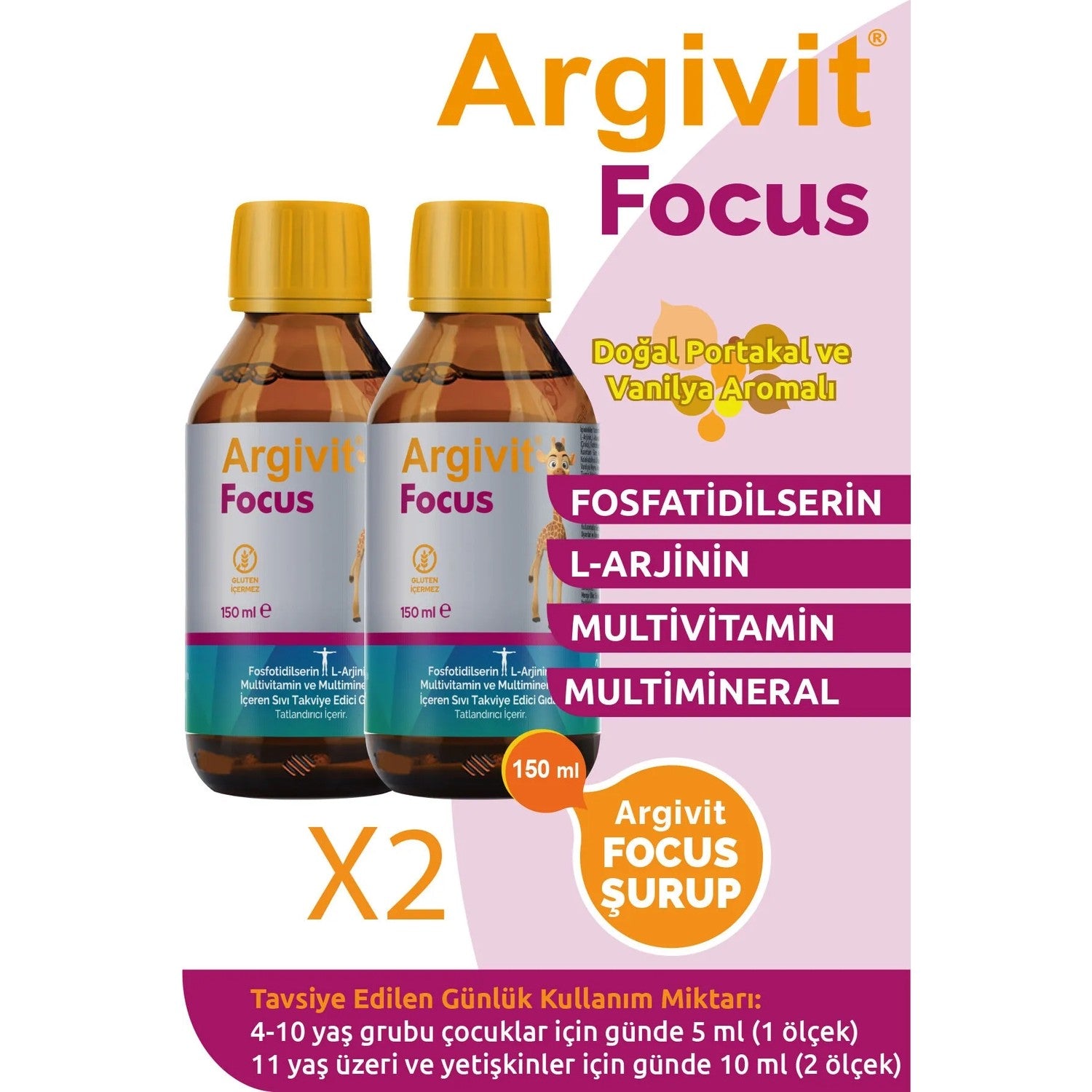 Argivit Focus 150 ml 2'Li Paket Fosfotidilserin with Vitamin and Mineral with Gida Supplement - MALLTURK