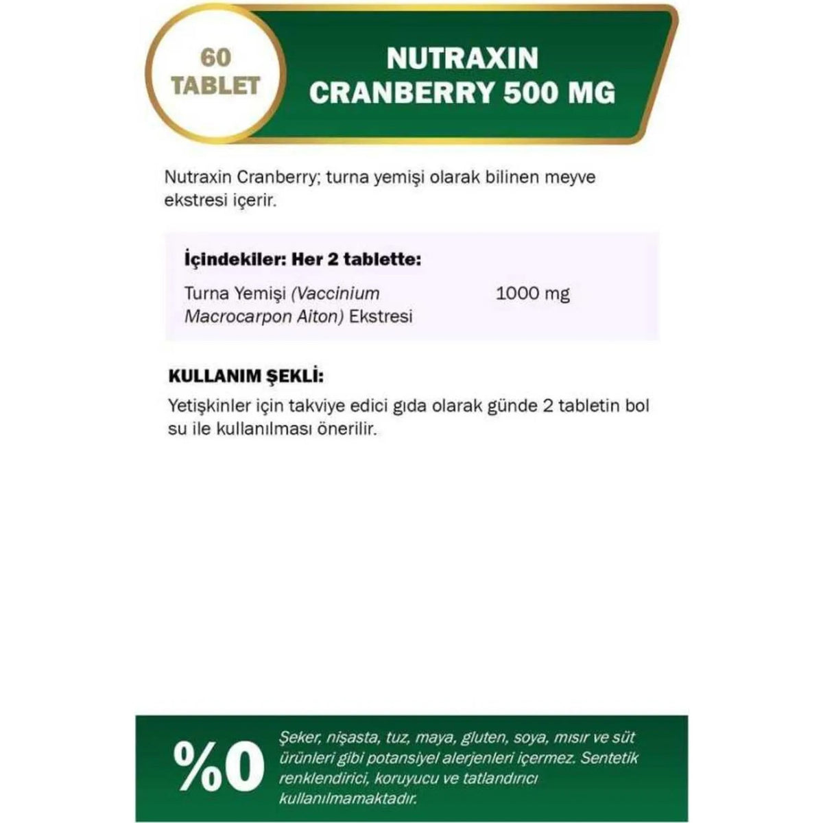 Nutraxin Cranberry 500 mg 60 Tablet | Turna Yemisi Ekstresi | 1000 mg Kizilcik Ekstresi - MALLTURK
