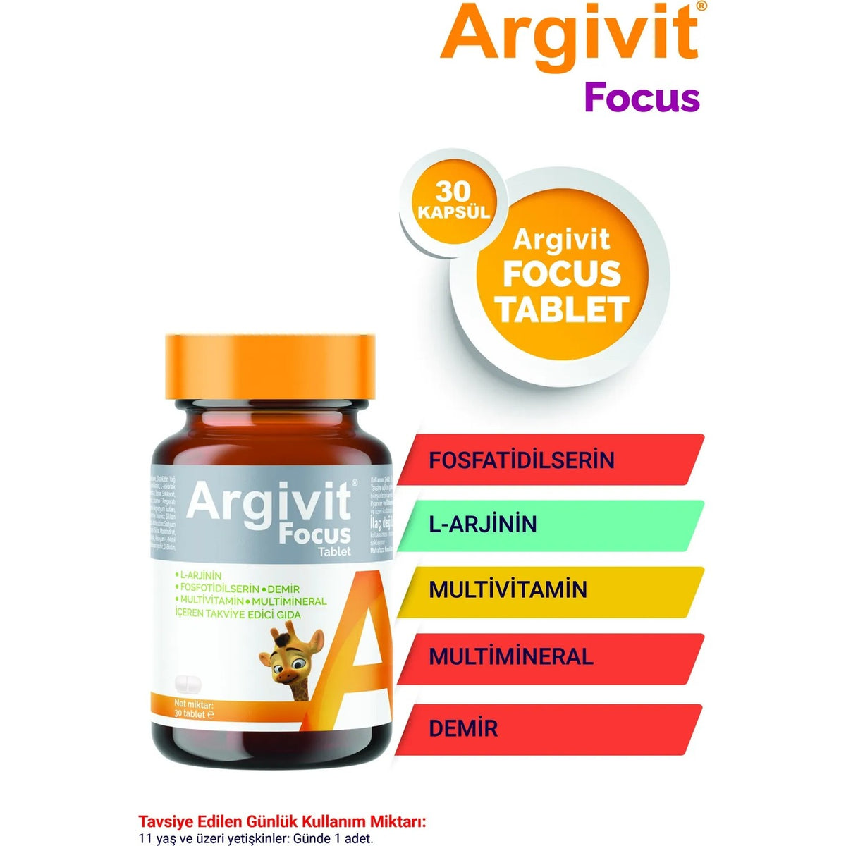 Argivit Focus L-Arjinin Fosfotidilserin Multivitamin and Multimineral 30 Sachet Turkey Origin - MALLTURK