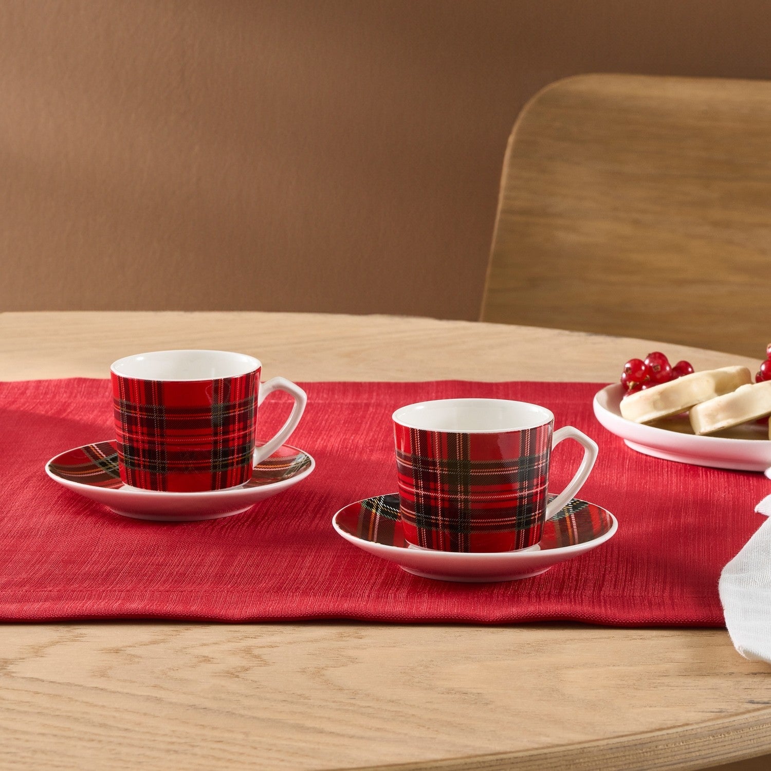 Karaca Plaid 4-Piece Red Porcelain Turkish Coffee Cup Set for 2, 80 ml