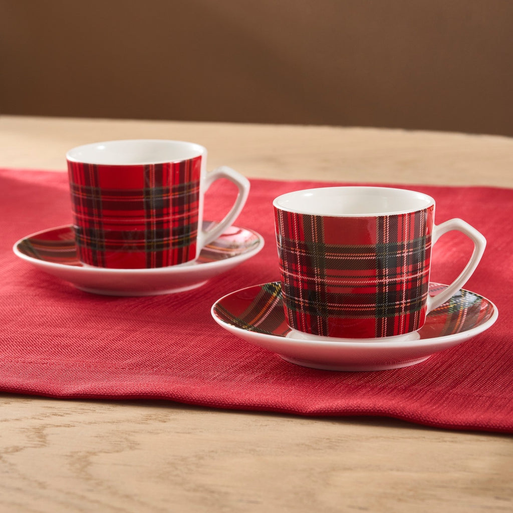 Karaca Plaid 4-Piece Red Porcelain Turkish Coffee Cup Set for 2, 80 ml