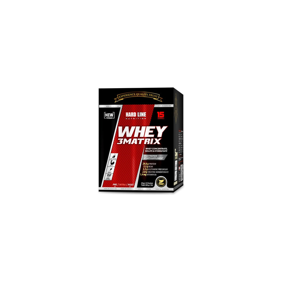 Hardline Nutrition Whey 3 Matrix Protein Powder Banana Flavored 30 x 15 Packs 450 Gr - MALLTURK