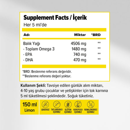 Orzax Ocean Omega 3 Fish Oil Surubu 150 ml Lemon Flavor Turkey Origin For Children - MALLTURK
