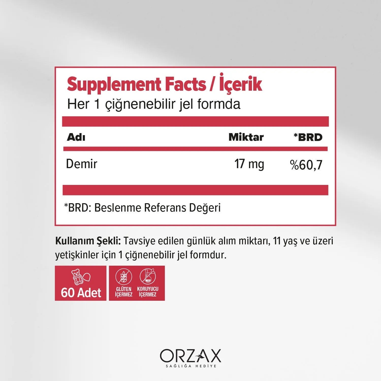 Orzax Ocean Gummies Iron Extra 60 Chewable Formu Iron with Dietary Supplement Turkey Origin - MALLTURK