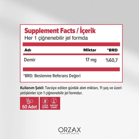 Orzax Ocean Gummies Iron Extra 60 Chewable Formu Iron with Dietary Supplement Turkey Origin - MALLTURK