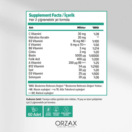 Orzax Ocean HSN 60 Pieces Biotin Folik Asit Keratin with Cignenebilir Jel Form - MALLTURK