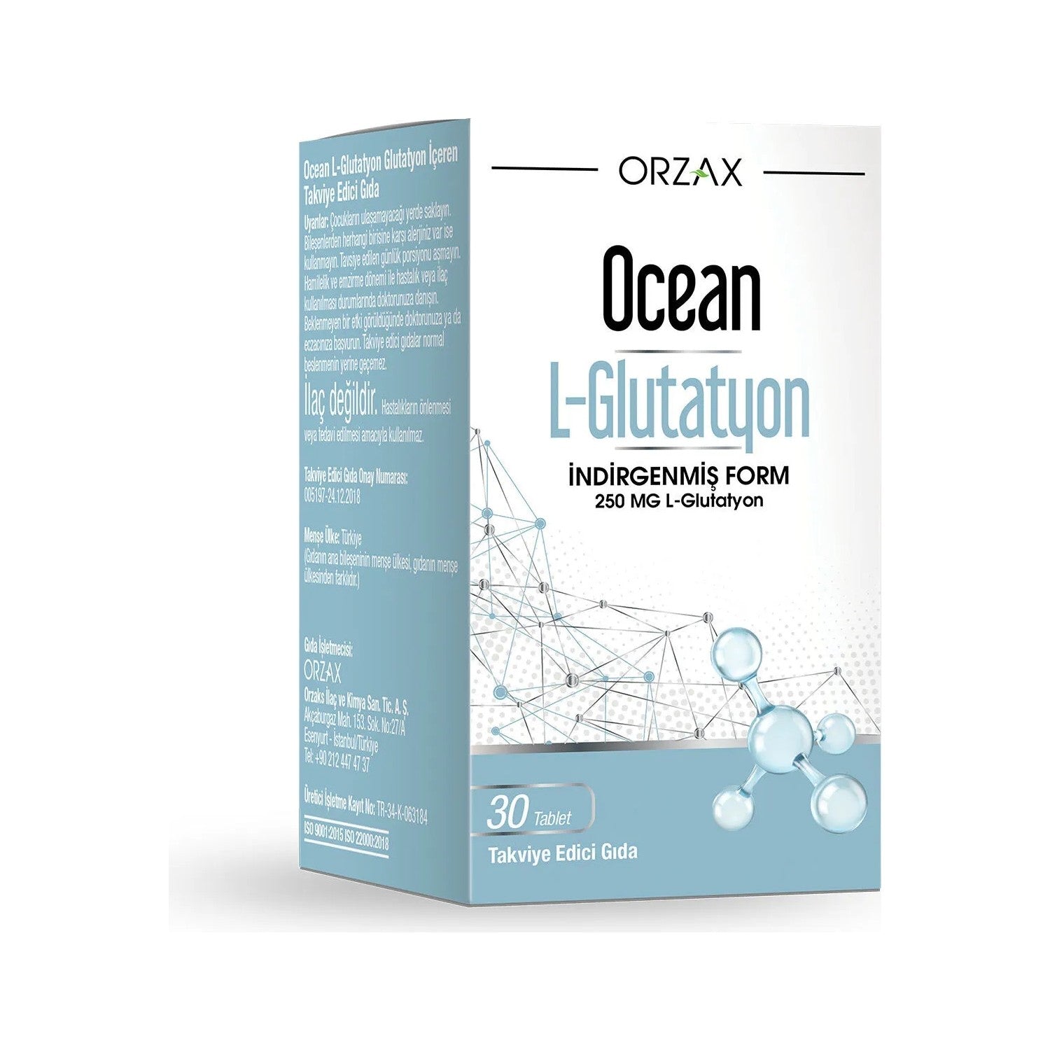Orzax Ocean L-Glutatyon 250 mg 30 Tablet Dogal with Immune Support Destekli Dietary Supplement - MALLTURK
