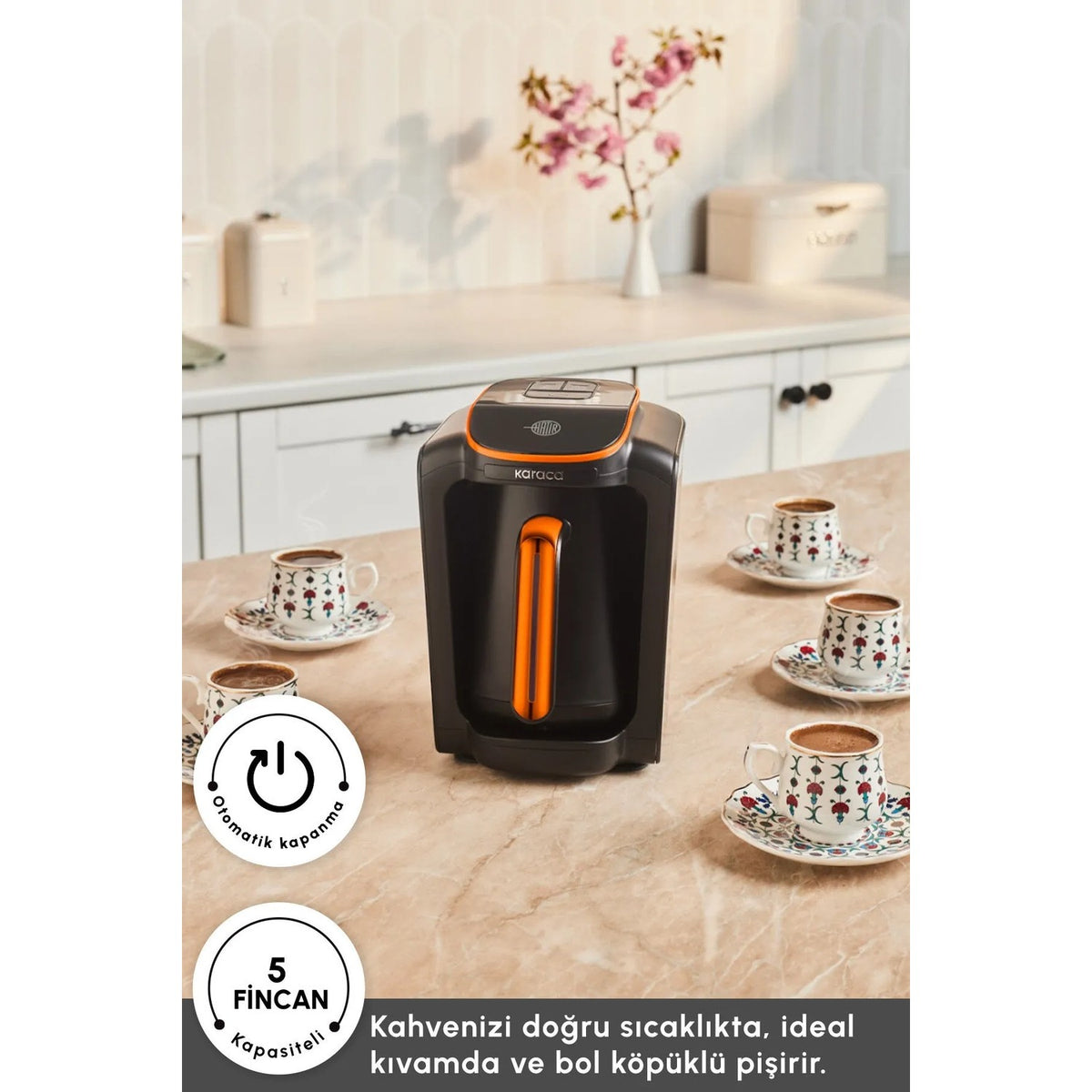 Karaca Hatir Neo-S Automatic Turkish Coffee Maker, Orange, 5-Cup Capacity - MALLTURK