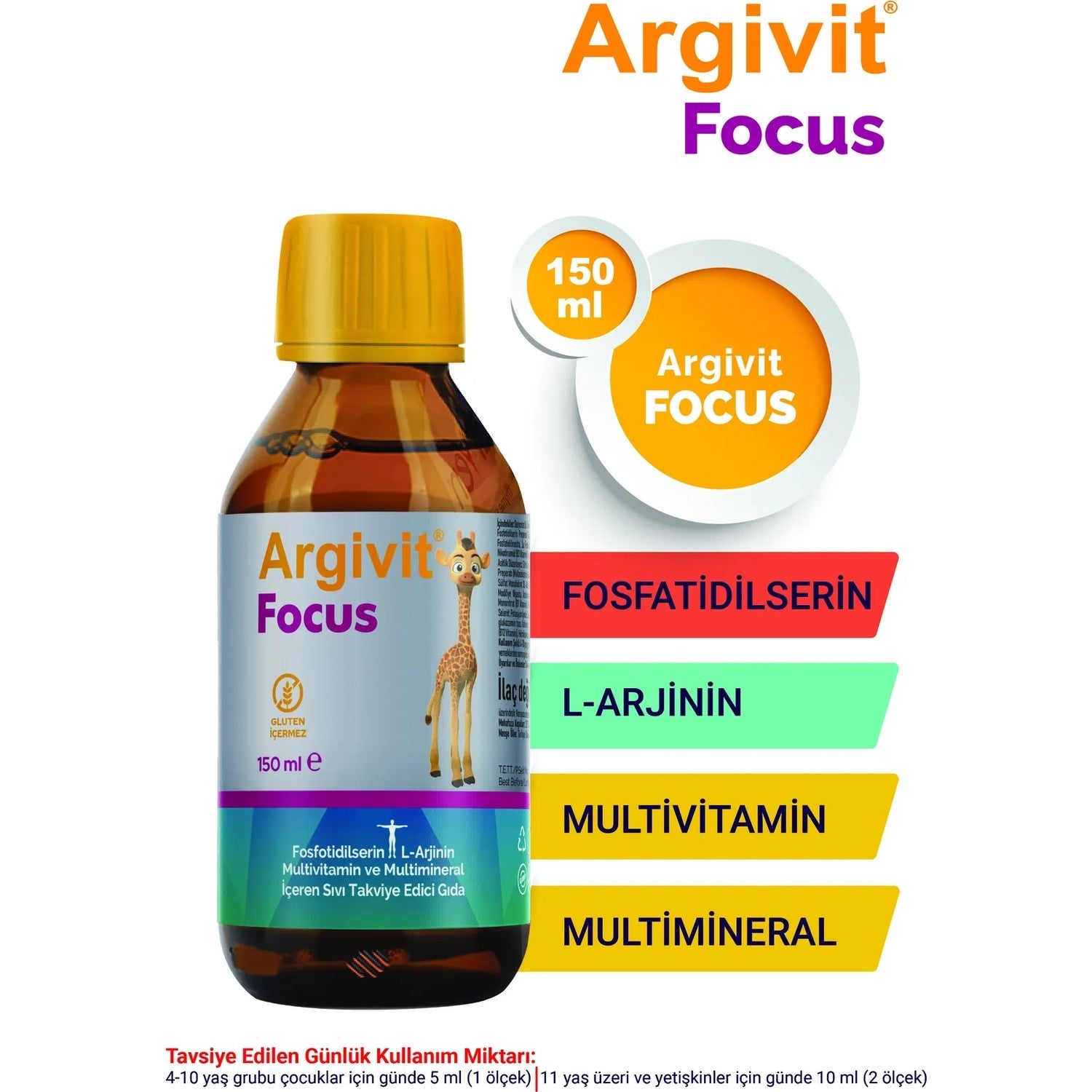 Argivit Focus 150 ml Fosfotidilserin L-Arjinin Multivitamin Turkey Origin Dietary Supplement - MALLTURK
