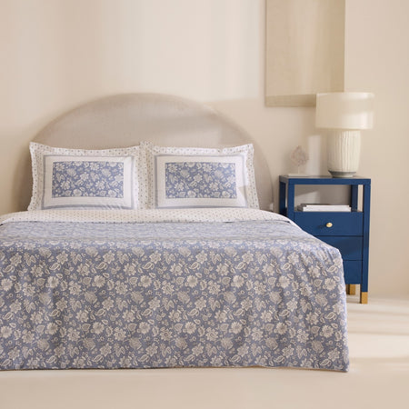Karaca Home Celerina %100 Cotton Double With Fitted Sheet Duvet Cover Set Blue - MALLTURK