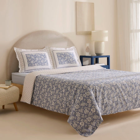 Karaca Home Celerina %100 Cotton Double With Fitted Sheet Duvet Cover Set Blue - MALLTURK