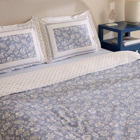 Karaca Home Celerina %100 Cotton Double With Fitted Sheet Duvet Cover Set Blue - MALLTURK