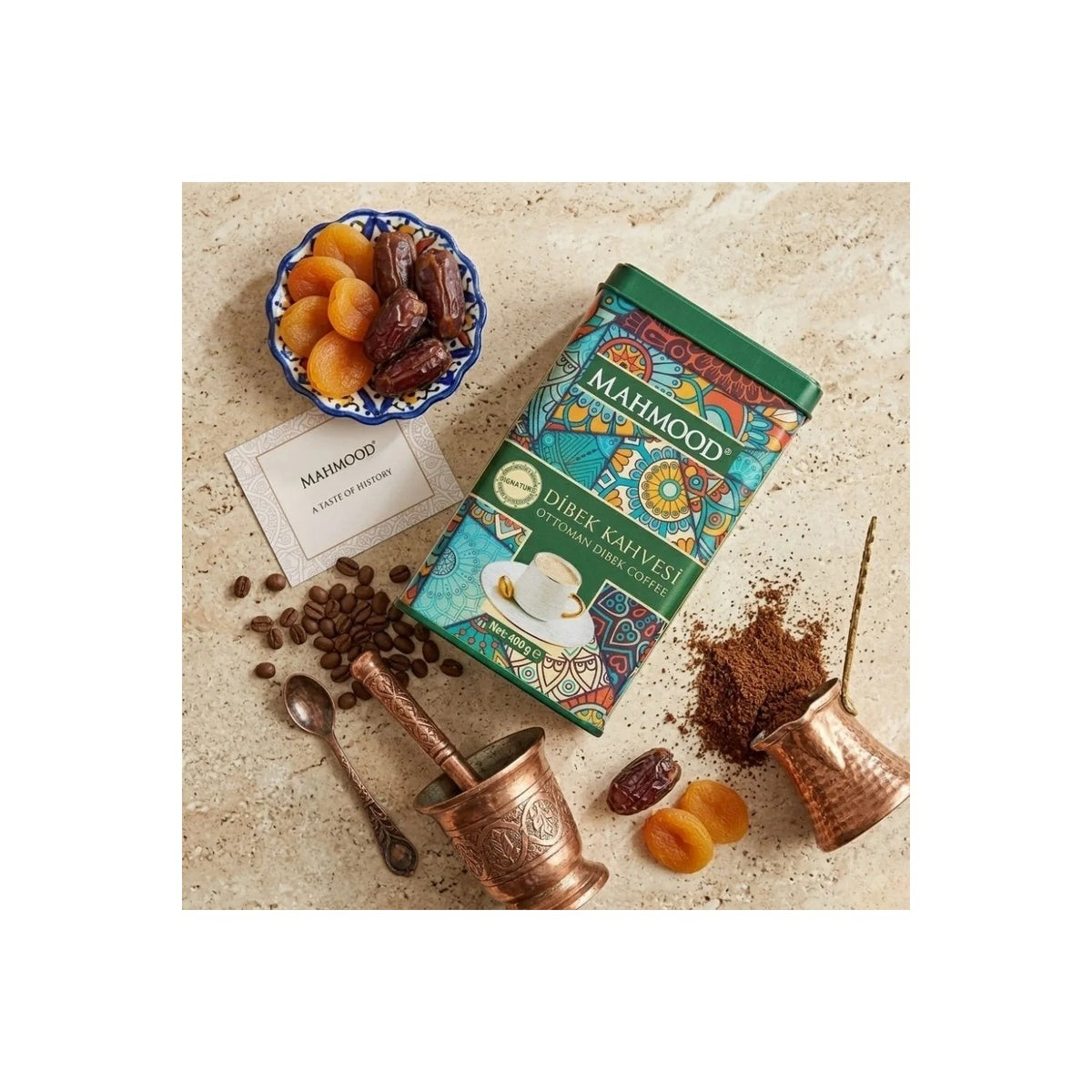 Mahmood Coffee Mahmood Dibek Coffee in a Tin Can with Measuring Spoon 400g - Medium Roast Turkish Coffee 100g - MALLTURK