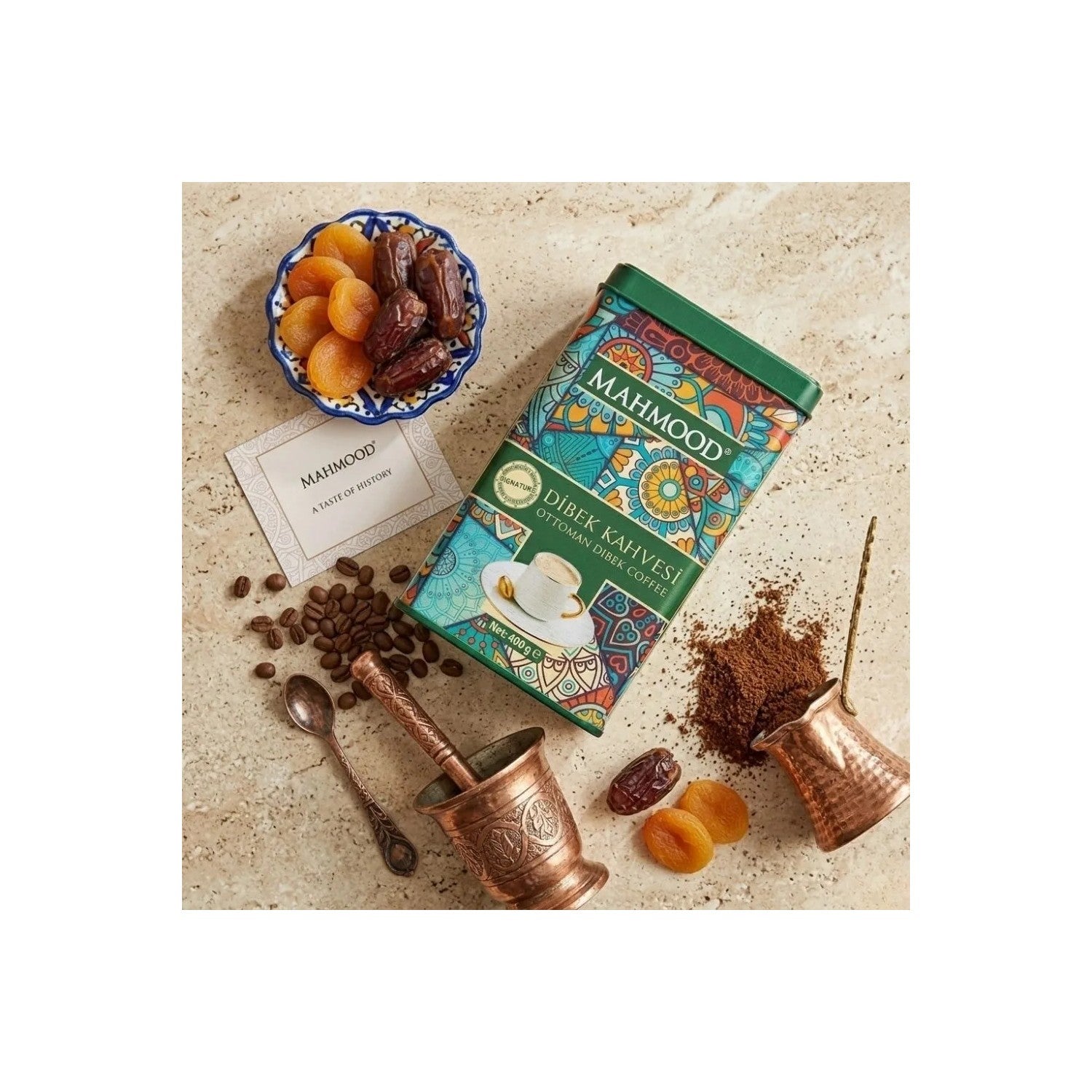 Mahmood Coffee Mahmood Dibek Coffee in a Tin Can with Measuring Spoon 400g - Medium Roast Turkish Coffee 100g - MALLTURK
