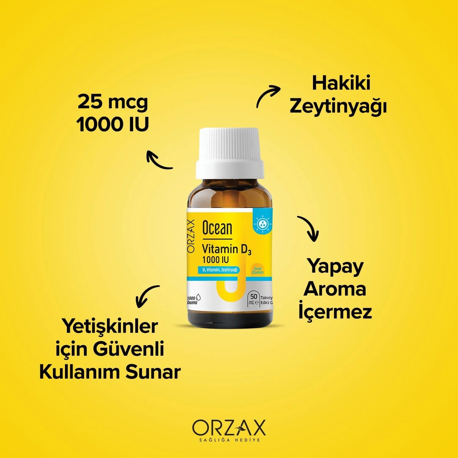 Orzax Ocean 1000 IU Vitamin D3 Drops 50ml Dietary Supplement Zeytinyagi with Zenginlestirilmis - MALLTURK