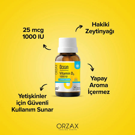 Orzax Ocean 1000 IU Vitamin D3 Drops 50ml Dietary Supplement Zeytinyagi with Zenginlestirilmis - MALLTURK